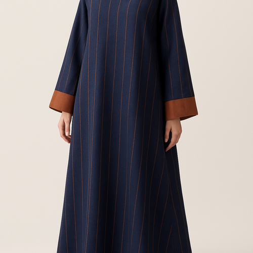 Abaya long with long sleeves
That the base color is dark blue similar to the jeans fabric but not exactly that has thin lines in orange brown color and inside the sleeve orange brown color with buttons
