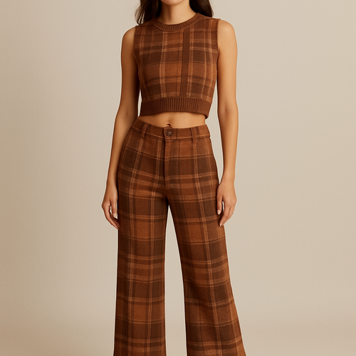 Earthy color Plaid bottoms/ sleeveless sweater top
On female, show stomach and head to toe


Show head to toe