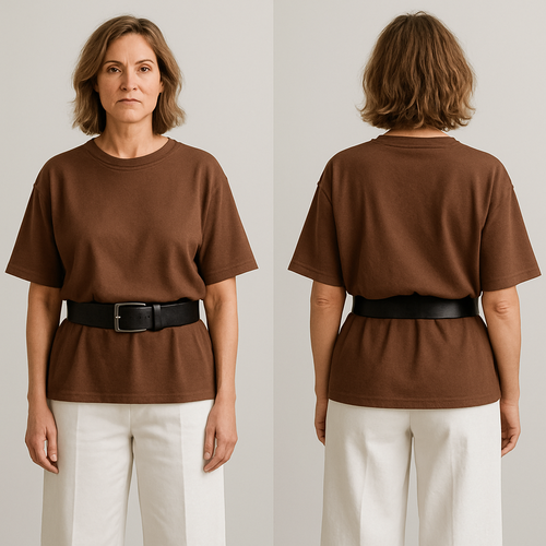 A women age 40 with wide white trousers , brown t shirt (oversized) . On top of the t shirt a black vintage leather belt (wide)