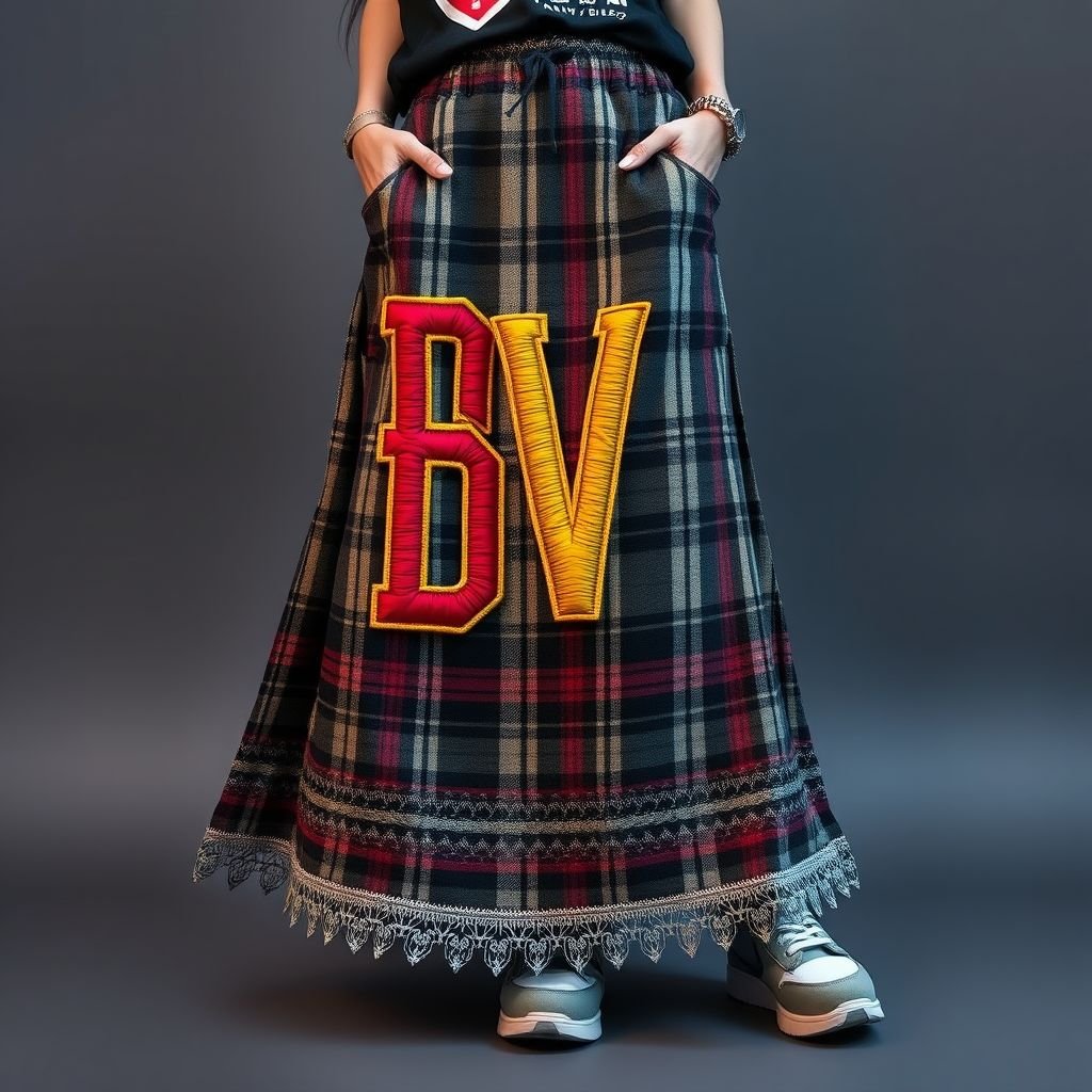 Plaid maxi skirt with pockets and lace , that say “DV” embroidery on skirt
Design an edgy streetwear-inspired plaid maxi skirt featuring deep pockets and intricate lace trim. The skirt showcases bold “DV” embroidery stitched in vibrant colors, set against the backdrop of varied plaid patterns. Pair it with oversized graphic tees, chunky sneakers, and layered accessories for a dynamic urban look that redefines modern fashion.