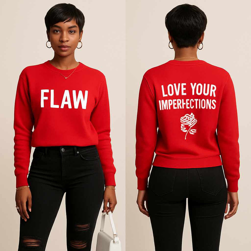 Black woman
Pixie cut
Red Long sleeve sweater shirt on the front it says Flaw in white and on the back it says in white Love Your Imperfections 🌹
Tight black ripped jeans
White boot heels
Good jewelry
White purse
Black woman
Pixie cut
Red Long sleeve sweater shirt on the front it says Flaw in white and on the back it says in white Love Your Imperfections 🌹
Tight black ripped jeans
White boot heels
Good jewelry
White purse
, show front and back