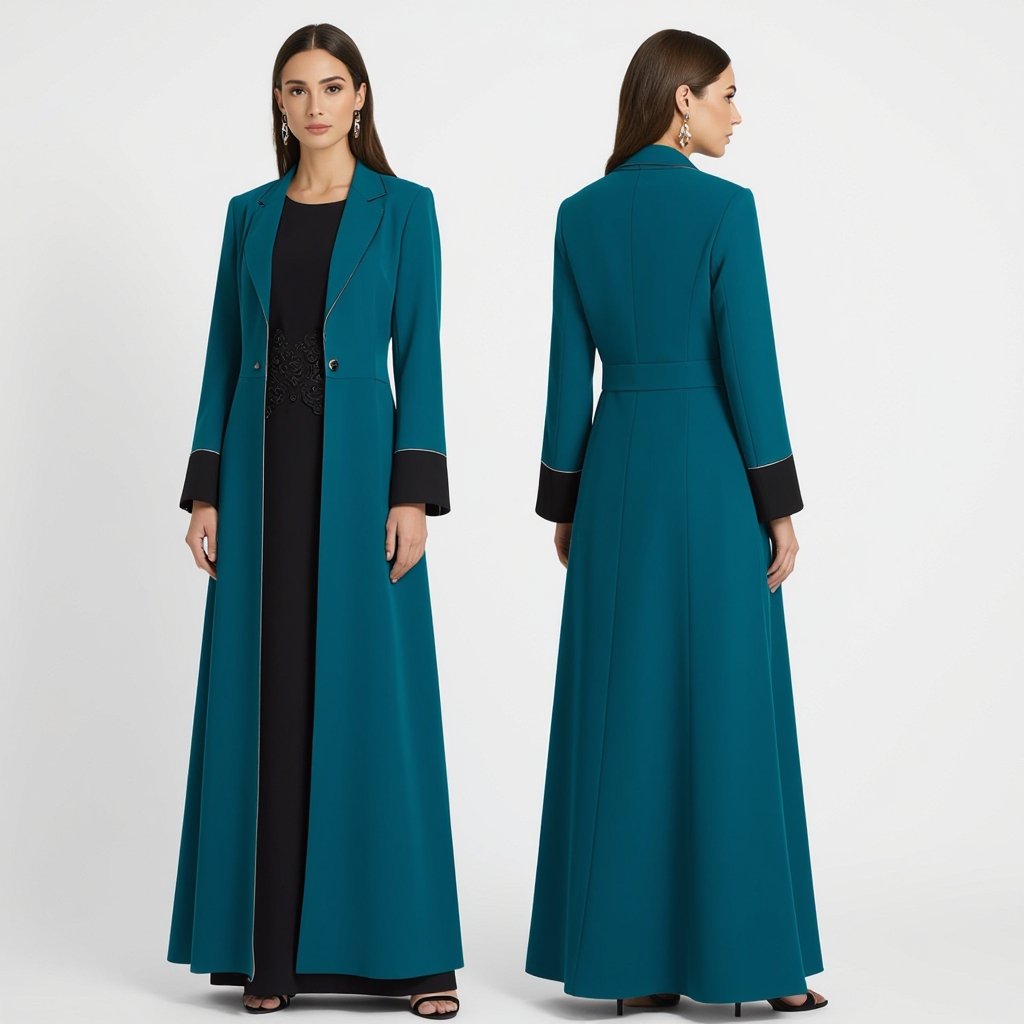 Formal Blazer-Style Abaya Concept (Refined): • Cut: Straight cut with structured shoulders to give a formal and elegant presence. • Main Color: Transformative Teal (a luxurious shade between blue and green) that reflects boldness and modern elegance. • Details: Subtle black accents on the sleeves and edges to highlight the depth of the main color. • French Lace: Integrated directly into the fabric (not as a separate attachment). It appears only at the waistline, starting softly from under the arm down to the waist, creating a delicate, flowing effect that highlights a refined, feminine waistline without overpowering the overall design. • Additional Touches: A thin beige or silver line along the edges to create an elegant contrast. • Fabric: Heavy crepe or matte satin, with lace subtly blended into the fabric at the waist for a seamless and graceful look. • Sleeves: Straight cut with clean finishes, allowing the waist detailing to remain the main focal point of the lace accent.
Designer fashion: Teal blazer abaya. Straight cut with structured shoulders. Black accents on sleeves and edges. French lace integrated at waist. Thin silver line trim. Matte satin or heavy crepe. Straight sleeves.