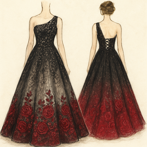 Lace Black A-line one shoulder wedding dress with ivory underlining. Corset back, with embroidered sequin beading on the top. The bottom fades into red with embroidered red sequined roses.