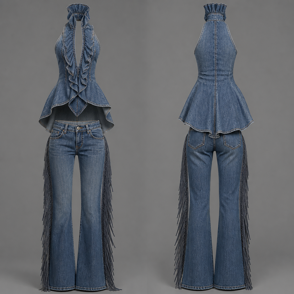 No model just outfit ,Long Denim pants with fringes on th side going down the legs the fringes are leather and a matching halter style short in front long in the back deep ruffle in the front and high ruffle collar all in denim color
photorealistic fashion design, No model just outfit ,Long Denim pants with fringes on th side going down the legs the fringes are leather and a matching halter style short in front long in the back deep ruffle in the front and high ruffle collar all in denim color , denim style, just the design no text, show front and back