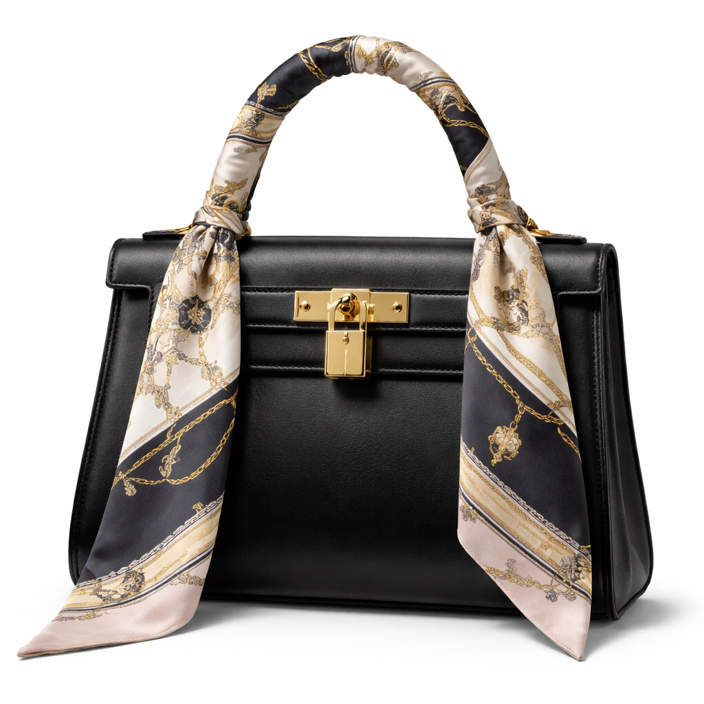 Silk scarf that is 5x86cm designed for a handle on a Kelly style bag for a woman going out to a sophisticated event
Silk scarf that is 5x86cm designed for a handle on a Kelly style bag for a woman going out to a sophisticated event, classic style