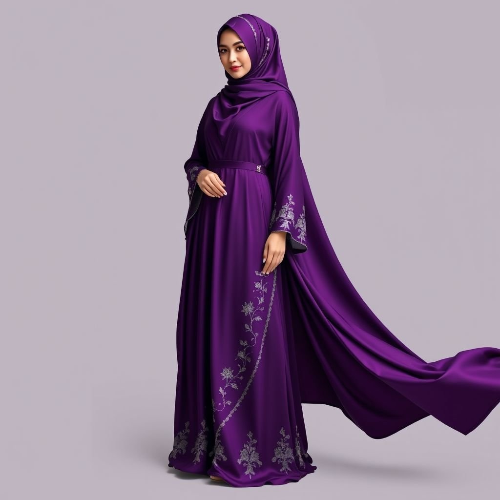 Abaya with hijab purple color
Design an elegant abaya crafted from luxurious silk in a rich shade of royal purple. Incorporate delicate embroidery of silver florals along the sleeves and hem, adding a touch of sophistication. Pair it with a flowing hijab, adorned with subtle sequins, creating a harmonious and refined silhouette fit for formal occasions.