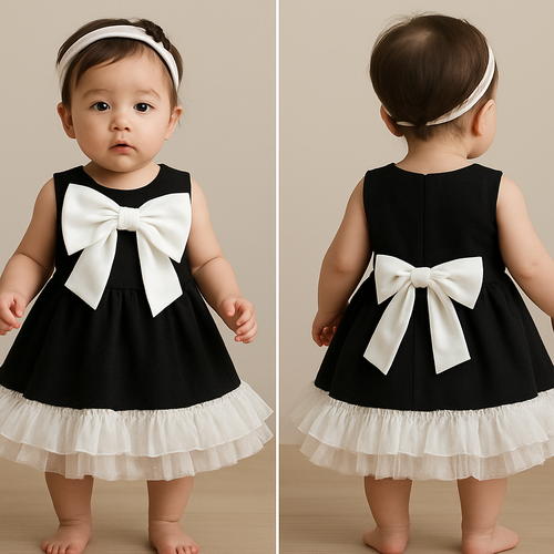 一歳の女の子着用画
ジャケット生地の黒のノンスリーブワンピース、丈は膝上
肩の部分、襟の部分が隠れるように白の大きなリボン
スカートの1番下の裾に、白色で、真ん中ギャザーで上下に広がるフリフリのチュールフリルを一周巻く(ボリューム感)
その上に同じものをもう一周巻く

頭には白のカチューシャ
カチューシャにはちょっとした黒い装飾