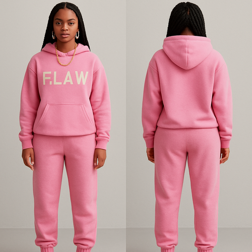 A pink jogging suit with the word F.L.A.W on it a gold chain and gold hoop earrings and Nike shoes and  box braids 