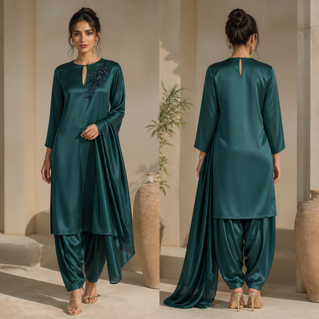 A Female Salwar Kameez design, made of Satin, with a crisp, structured drape, with a Relaxed silhouette, with a minimal-coverage cut, in a Jewel Tones color palette, for Date Night, suitable for Spring, suited to a Humid climate, in Business style, shown on a model with olive skin and a petite figure. Egypt fashion aesthetics. Present it as professional fashion catalogue photography: the garment is the subject, shown full-length with editorial styling, neutral posing and tasteful, non-suggestive framing.
photorealistic fashion design, A Female Salwar Kameez design, made of Satin, with a crisp, structured drape, with a Relaxed silhouette, with a minimal-coverage cut, in a Jewel Tones color palette, for Date Night, suitable for Spring, suited to a Humid climate, in Business style, shown on a model with olive skin and a petite figure. Egypt fashion aesthetics. Present it as professional fashion catalogue photography: the garment is the subject, shown full-length with editorial styling, neutral posing and tasteful, non-suggestive framing., business style, just the design no text, show front and back