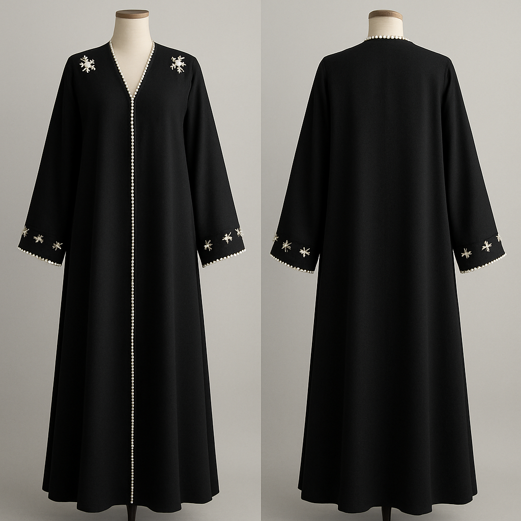 The Pearl Edge Bloom Abaya
Tone: Charcoal or Onyx Black Design: Pearl-lined edges with tiny floral clusters at the shoulder and cuffs. Why it will sell: Pearls = timeless and premium. This is a guaranteed best-seller.

The Pearl Edge Bloom Abaya
Tone: Charcoal or Onyx Black Design: Pearl-lined edges with tiny floral clusters at the shoulder and cuffs. Why it will sell: Pearls = timeless and premium. This is a guaranteed best-seller., show front and back