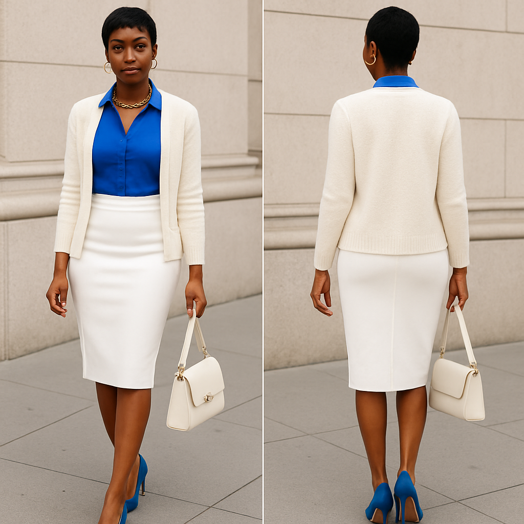 Black woman
Pixie
Blue Fitted shirt with collar
White pencil skirt
Blue heels
White cardigan
Gold jewelry
Purse
Black woman
Pixie
Blue Fitted shirt with collar
White pencil skirt
Blue heels
White cardigan
Gold jewelry
Purse
, streetwear style, show front and back