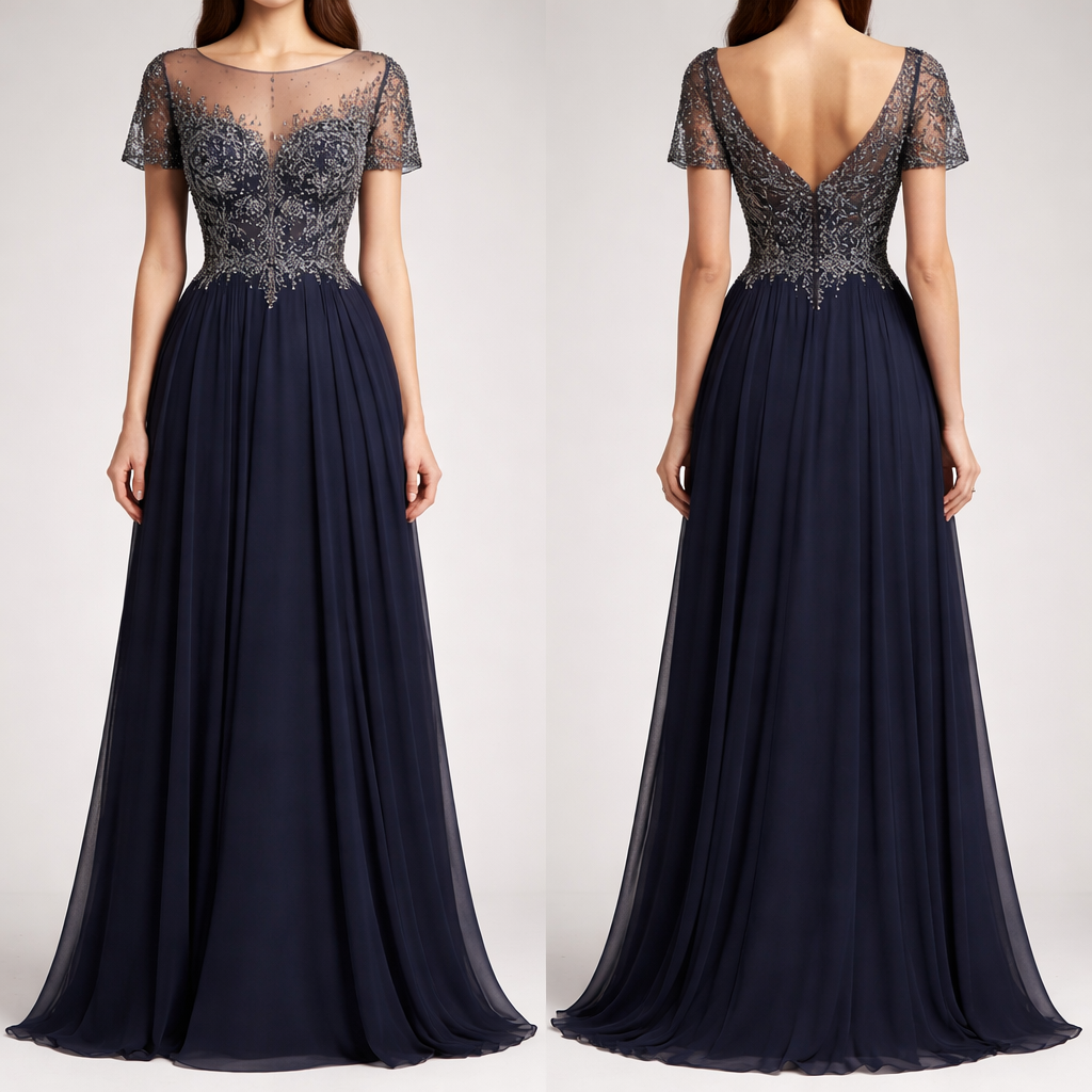 The dress is an elegant floor-length evening gown in a deep navy blue shade with a refined, formal aesthetic.
The bodice is the main statement piece: it features intricate, densely embroidered lace adorned with metallic beadwork and sequins in a silver-grey tone. The embroidery is concentrated around the bust and waist area, creating a structured, sculpted effect that enhances the upper silhouette. The patterns are floral and ornamental, giving a luxurious, almost couture-like appearance.
Above the bodice, there is a sheer illusion neckline made of fine nude mesh. This creates a subtle contrast with the dark embellishment and gives the illusion of the lace floating on the skin. The neckline is softly rounded and modest, maintaining an elegant and classic finish.
The sleeves are short and semi-sheer, made of matching mesh with embroidered detailing that mirrors the bodice design. They are lightly flared, adding softness and movement without overwhelming the structure of the dress.
The waist transitions smoothly into a plain, flowing chiffon skirt. The skirt is simple and unembellished, which balances the heavily decorated upper half. It falls straight down with a soft drape, creating a long, clean silhouette that elongates the body.
From the back, the dress features a V-shaped dip, also finished with sheer mesh and embroidery along the edges, maintaining continuity with the front design. The overall back design keeps the look graceful while adding a subtle hint of drama.
Overall, the dress combines a heavily embellished, luxurious upper section with a minimal, flowing skirt—resulting in a balanced evening gown that feels formal, feminine, and sophisticated.
The top is seperated than the bottom
The dress is an elegant floor-length evening gown in a deep navy blue shade with a refined, formal aesthetic.
The bodice is the main statement piece: it features intricate, densely embroidered lace adorned with metallic beadwork and sequins in a silver-grey tone. The embroidery is concentrated around the bust and waist area, creating a structured, sculpted effect that enhances the upper silhouette. The patterns are floral and ornamental, giving a luxurious, almost couture-like appearance.
Above the bodice, there is a sheer illusion neckline made of fine nude mesh. This creates a subtle contrast with the dark embellishment and gives the illusion of the lace floating on the skin. The neckline is softly rounded and modest, maintaining an elegant and classic finish.
The sleeves are short and semi-sheer, made of matching mesh with embroidered detailing that mirrors the bodice design. They are lightly flared, adding softness and movement without overwhelming the structure of the dress.
The waist transitions smoothly into a plain, flowing chiffon skirt. The skirt is simple and unembellished, which balances the heavily decorated upper half. It falls straight down with a soft drape, creating a long, clean silhouette that elongates the body.
From the back, the dress features a V-shaped dip, also finished with sheer mesh and embroidery along the edges, maintaining continuity with the front design. The overall back design keeps the look graceful while adding a subtle hint of drama.
Overall, the dress combines a heavily embellished, luxurious upper section with a minimal, flowing skirt—resulting in a balanced evening gown that feels formal, feminine, and sophisticated.
The top is seperated than the bottom