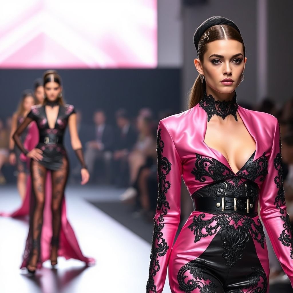 Female 22 year old Luxembourger supermodels showcasing a metal futurism aesthetic ensemble with half updo and lob hairstyles runway theme best drag, Step boldly into the future with our High Fashion Metal Futurism Couture collection. This avant-garde line redefines modern elegance, merging stunning metallic fabrics with sharp, architectural silhouettes that echo the spirit of innovation and progress. Each piece is a sculptural masterpiece, meticulously crafted to embrace the body while reflecting the interplay of light and shadow, creating a mesmerizing visual effect that is both ethereal and bold. Fashion: sexy. Theme: pink. tabaret and dupion fabrics. Needlework. Gothic Glamour Dive into the dark and mysterious world of gothic fashion with a modern twist. Incorporate deep, rich colors like burgundy, midnight blue, and black, with luxurious fabrics such as velvet and lace. Highlight dramatic silhouettes with corsetry, high collars, and intricate embroidery. This theme allows for a dramatic and theatrical presentation, perfect for designers who want to make a bold statement.
Unleash an edgy elegance with our Metal Futurism Couture collection, where young Luxembourger supermodels strut in show-stopping ensembles. Imagine gleaming pink tabaret and dupion fabrics sculpted into sharp, architectural shapes, framing the body beautifully. Half updos and lobs gleam with metallic accents, while intricate gothic needlework adds an exquisite touch to this avant-garde runway. Each look channels an otherworldly glamour, blending the allure of high fashion with the bold spirit of innovation.