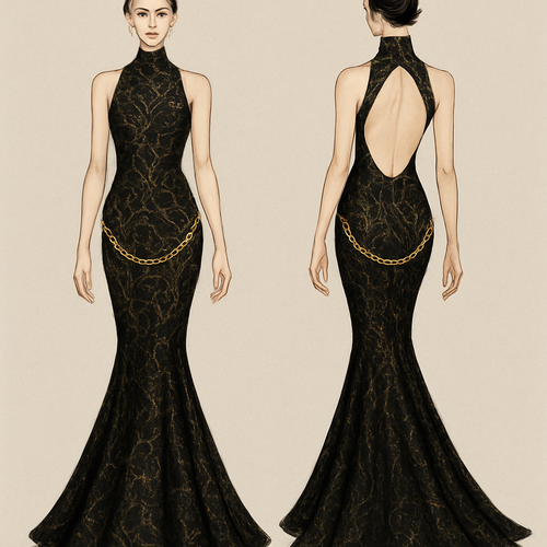 the dress is going to be black with gold thread. A backless and sleeveless turtleneck, it’s fitted and at the hips there’s two open pieces with gold chains, it also has a mermaid skirt at the bottom.