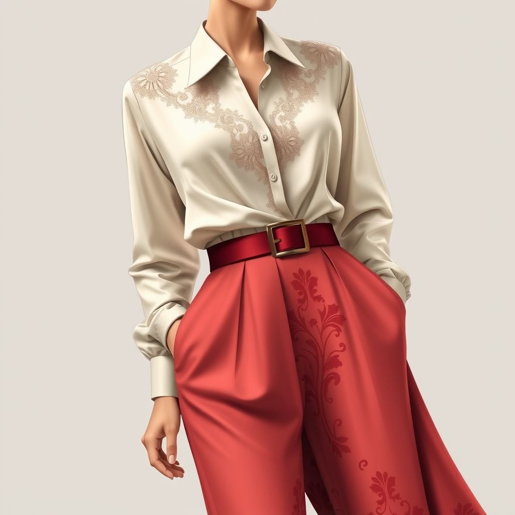 top and bottom style Ralph Lauren
Design an elegant ensemble inspired by Ralph Lauren, featuring a tailored silk blouse adorned with delicate lace accents, paired with high-waisted, embroidered trousers that gracefully cascade to the floor. Incorporate rich jewel tones and a classic belt to cinch the waist, exuding sophistication and timeless charm for any upscale occasion.