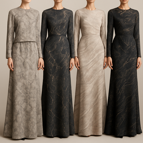 Create a modest two piece dress, first of its kind, featuring a unique stone design that exudes a classy and sophisticated vibe. I'd like four designs, each showcasing different styles and fabrics. Incorporate high-end, unique chic stone designs to make them truly special. Add little sophisticated stone designs. Make it irresistible with designs that stands out.