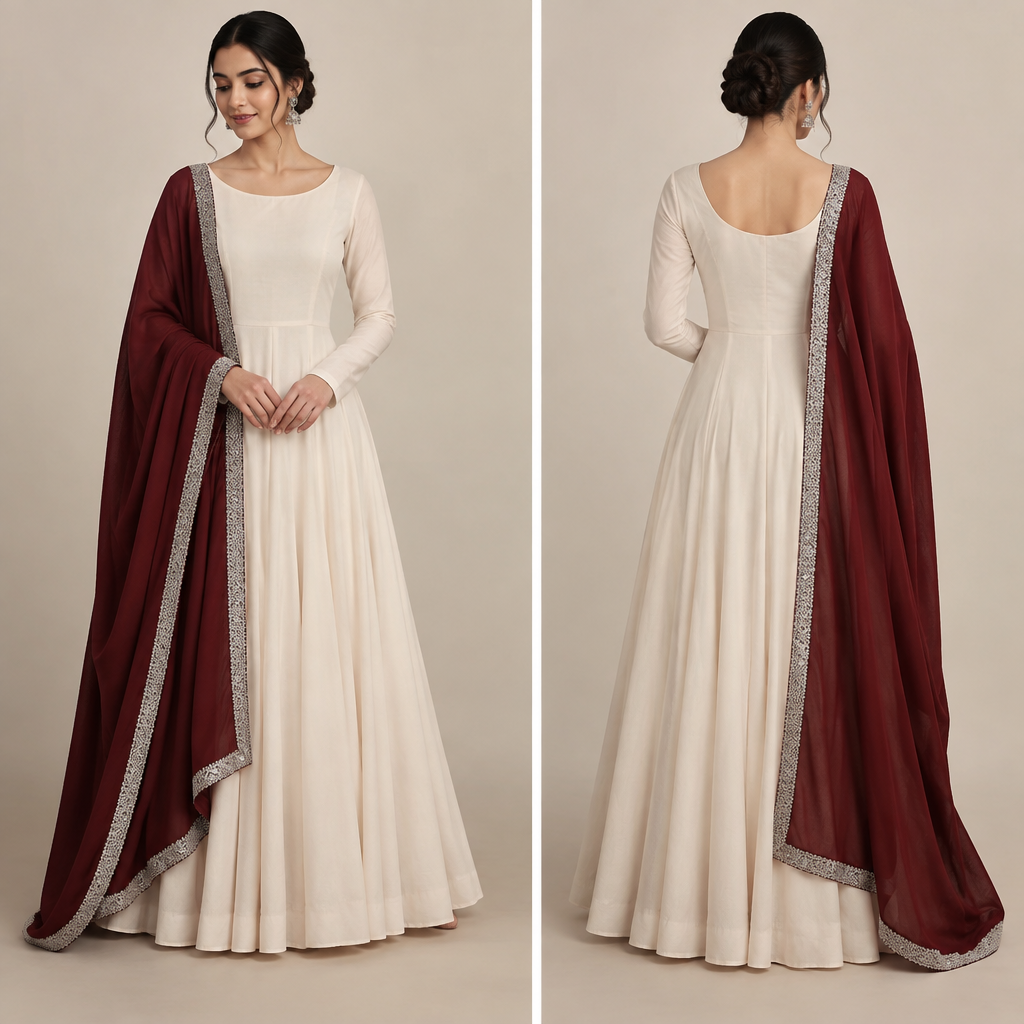 Plain off white Anarkali suit full and plain mehroon dupata with lace silver colour all over four sides
photorealistic fashion design, Plain off white Anarkali suit full and plain mehroon dupata with lace silver colour all over four sides, minimalist style, just the design no text, show front and back