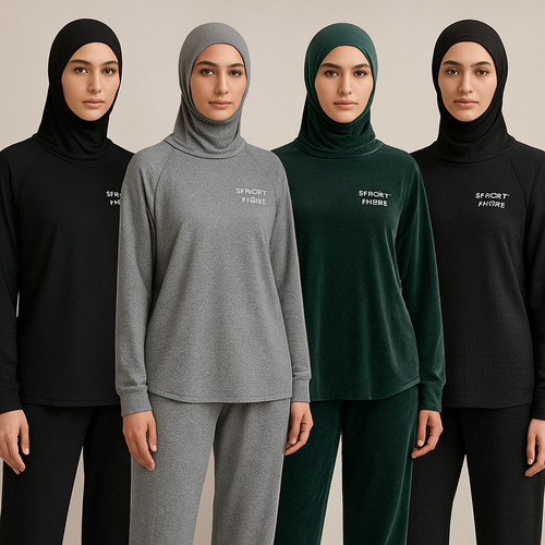 Create a revolutionary women’s modest loose gym wear brand called “Modest Fleur”. Display the brand name on the garments in a unique design on the upper right side, in small thick writing that exudes a classy and sophisticated vibe. I’d like four designs, each showcasing different styles and fabrics, with high-end, unique chic designs to make them truly special.