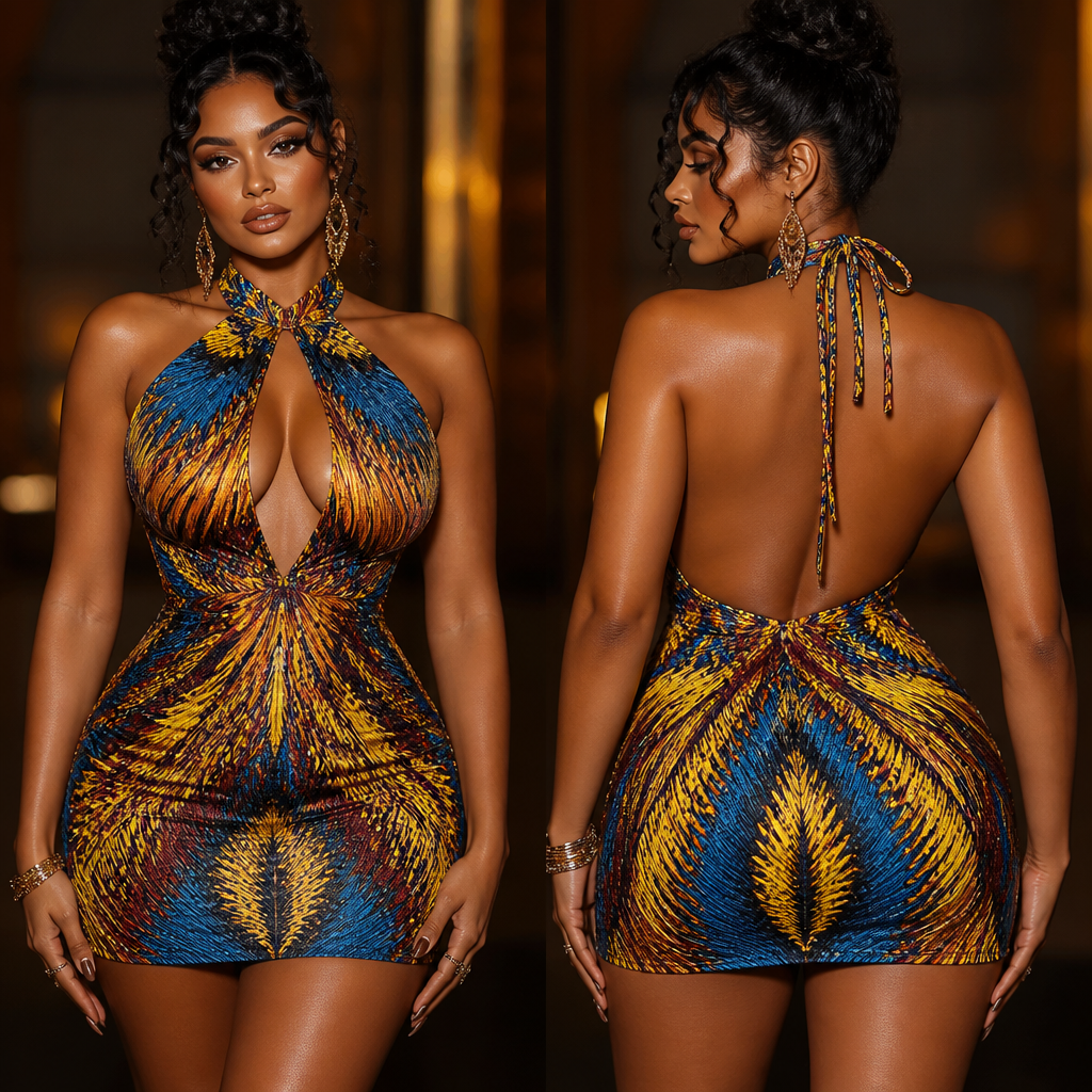 create image for creative sexy trendy design for Afro Explosion Halter Dress
mini bodycon
nightlife party night clubwear
front and back
african curvy model. Egypt fashion aesthetics.
photorealistic fashion design, create image for creative sexy trendy design for Afro Explosion Halter Dress
mini bodycon
nightlife party night clubwear
front and back
african curvy model. Egypt fashion aesthetics., just the design no text
