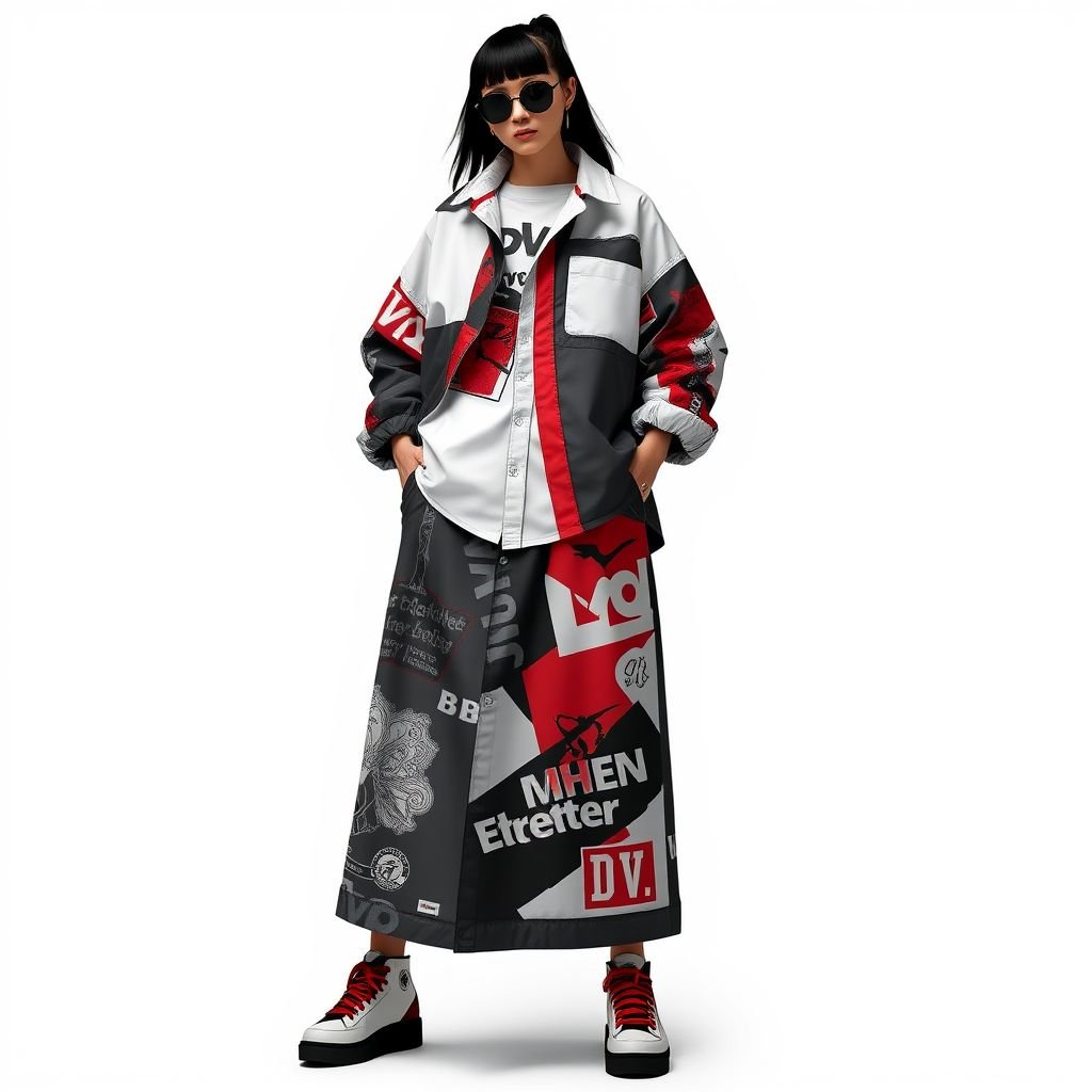 Women’s windbreaker skirt and shirt set. I want the skirt to be midi. Put “DV” somewhere on it. I don’t want the belly showing. And don’t add any jewelry
Design a bold women's streetwear ensemble featuring a chic midi windbreaker skirt paired with an oversized shirt. Emphasize urban aesthetics with graphic prints and contrasting colors. Incorporate “DV” subtly on the skirt's hem. Ensure the shirt is long enough to avoid any belly exposure, creating a stylish, effortless vibe without accessories.