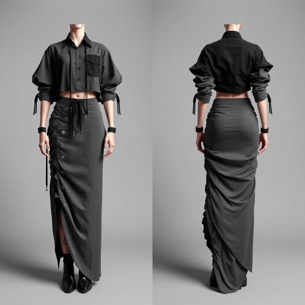 a Top and skirt set. I want the top to be a flowy cropped shirt with drawstrings. I want the skirt to be a flowy, scrunched side, with drawstrings. I want the design to be grey and black. The skirt needs to be midi/maxi. I need a front and back view.
Design an edgy top and skirt set in a striking grey-black palette. The cropped shirt features oversized, deconstructed sleeves with alluring drawstrings, while the midi/maxi skirt flaunts an asymmetrical scrunched side, complete with contrasting drawstrings for a rebellious vibe. Showcase both front and back views, highlighting the avant-garde silhouette.