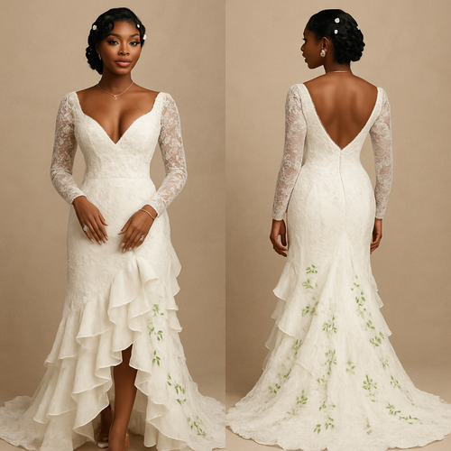 Black girl 
Finger waves with small flowers in hair 
Wedding dress
V cut at breast 
Long dress 
Long train 
Lace sleeves 
Ruffles going down the dress 
Green flower designs
Diamond ring on finger 
Diamond heart necklace 
Green eyeshadow 
Clear lipgloss 
Diamond earrings 
Diamond bracelet 
White heels with green pearls 
French tip nails with pearls 

