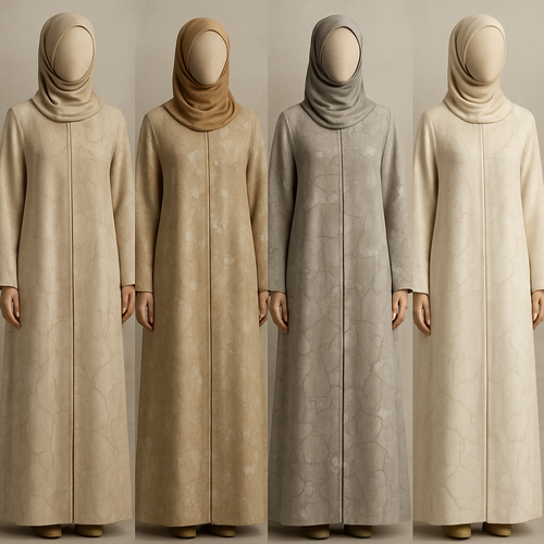 Create a modest two-piece linen abaya, the first of its kind, featuring a unique stone design that exudes a classy and sophisticated vibe. I’d like four designs, each showcasing different styles and fabrics. Incorporate high-end, unique chic stone designs to make them truly special. Add little sophisticated stone designs.