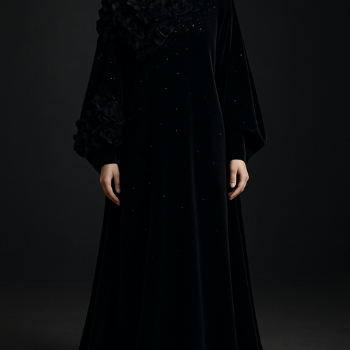 The Velvet Midnight Bloom Abaya
Tone: Deep velvet black
Fabric: Heavy velvet–crepe blend
Design:
A dense cluster of 3D velvet flowers around the neckline flowing softly across one sleeve.
Embellishment:
Black Swarovski stones scattered like stars.
Vibe:
Royal, powerful, and irresistibly classy.