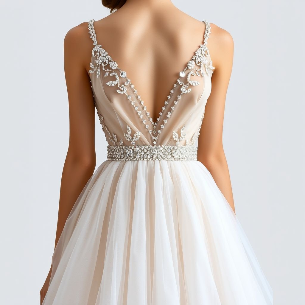 2. Upper Part: • Deep V-shaped neckline starting from the shoulders down to the underbust area. • The neckline is heavily adorned with white crystal embellishments, which are densest at the top and gradually decrease downward. • A thin, sash-like white belt wraps around the waist. 3. Lower Part: • From the waist down, the fabric falls straight, made of very lightly layered and slightly voluminous white tulle or organza. • The volume is minimal, creating a natural and elegant look. • The delicate fabric begins where the crystal embellishments end. 4. Color and Fabric: • The main fabric is white, made of shiny satin or silk. • The crystals or pearls embellishing the neckline and bust are in crystal or pearl tones. • The lower part’s fabric is white, slightly transparent, and has a flowing movement. 5. Details: • The back can be open or feature thin straps. • Sleeves are either absent or very thin straps are preferred.
Create a breathtaking evening gown that embodies ethereal elegance. Featuring a deep V-neckline adorned with sparkling white crystals transitioning down to an underbust belt, this design merges sophistication with minimalistic charm. The lower portion flows gracefully in slightly voluminous layers of transparent tulle, exuding a heavenly aura. Delicate details include an open back and whisper-thin straps for an enchanting silhouette. Perfect for a star-studded gala or a romantic soirée.