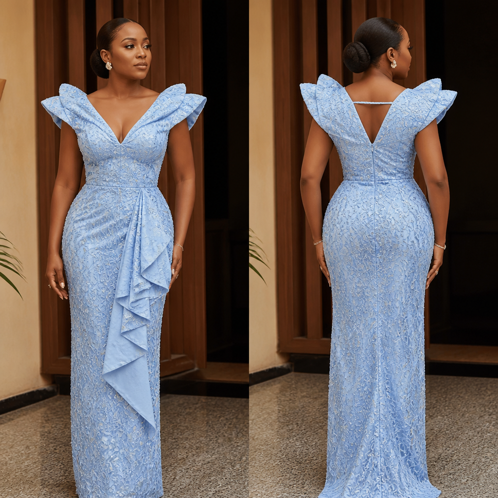 A Female Dress design, suitable for Summer, in Elegant style. A light blue owambe dress that is padded, has a v- shaped design at the front and back, the back of the a little opening at the back of the shoulder. Nigeria fashion aesthetics.
photorealistic fashion design, A Female Dress design, suitable for Summer, in Elegant style. A light blue owambe dress that is padded, has a v- shaped design at the front and back, the back of the a little opening at the back of the shoulder. Nigeria fashion aesthetics., elegant style, just the design no text