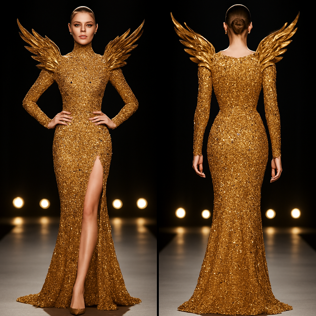 Create a luxurious full-body golden gown, completely covered in sparkling gold gemstones with a few purple crystals for accent. The gown must be ultra-fitted, with a high slit starting from the waist down one leg. Add dramatic short sculpted golden wings rising from the shoulders, made of metallic details, not printed. The design should look like fire and royalty combined. The model must stand confidently with a strong elegant pose, on a runway with professional lighting, showing power, beauty, and glamour.”

Create a luxurious full-body golden gown, completely covered in sparkling gold gemstones with a few purple crystals for accent. The gown must be ultra-fitted, with a high slit starting from the waist down one leg. Add dramatic short sculpted golden wings rising from the shoulders, made of metallic details, not printed. The design should look like fire and royalty combined. The model must stand confidently with a strong elegant pose, on a runway with professional lighting, showing power, beauty, and glamour.”, show front and back