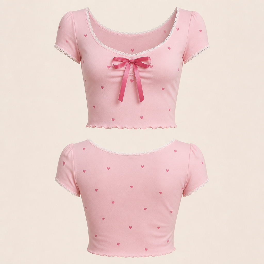 A Female Top design, made of Cotton, in Classic + Cottagecore style. Coquette baby tee color rosa pastel, femenina y delicada, con un moño rosa oscuro en el centro, pequeños corazones y detalles blancos, estilo boutique de moda.. Colombia fashion aesthetics.
photorealistic fashion design, A Female Top design, made of Cotton, in Classic + Cottagecore style. Coquette baby tee color rosa pastel, femenina y delicada, con un moño rosa oscuro en el centro, pequeños corazones y detalles blancos, estilo boutique de moda.. Colombia fashion aesthetics., classic style, just the design no text, show front and back