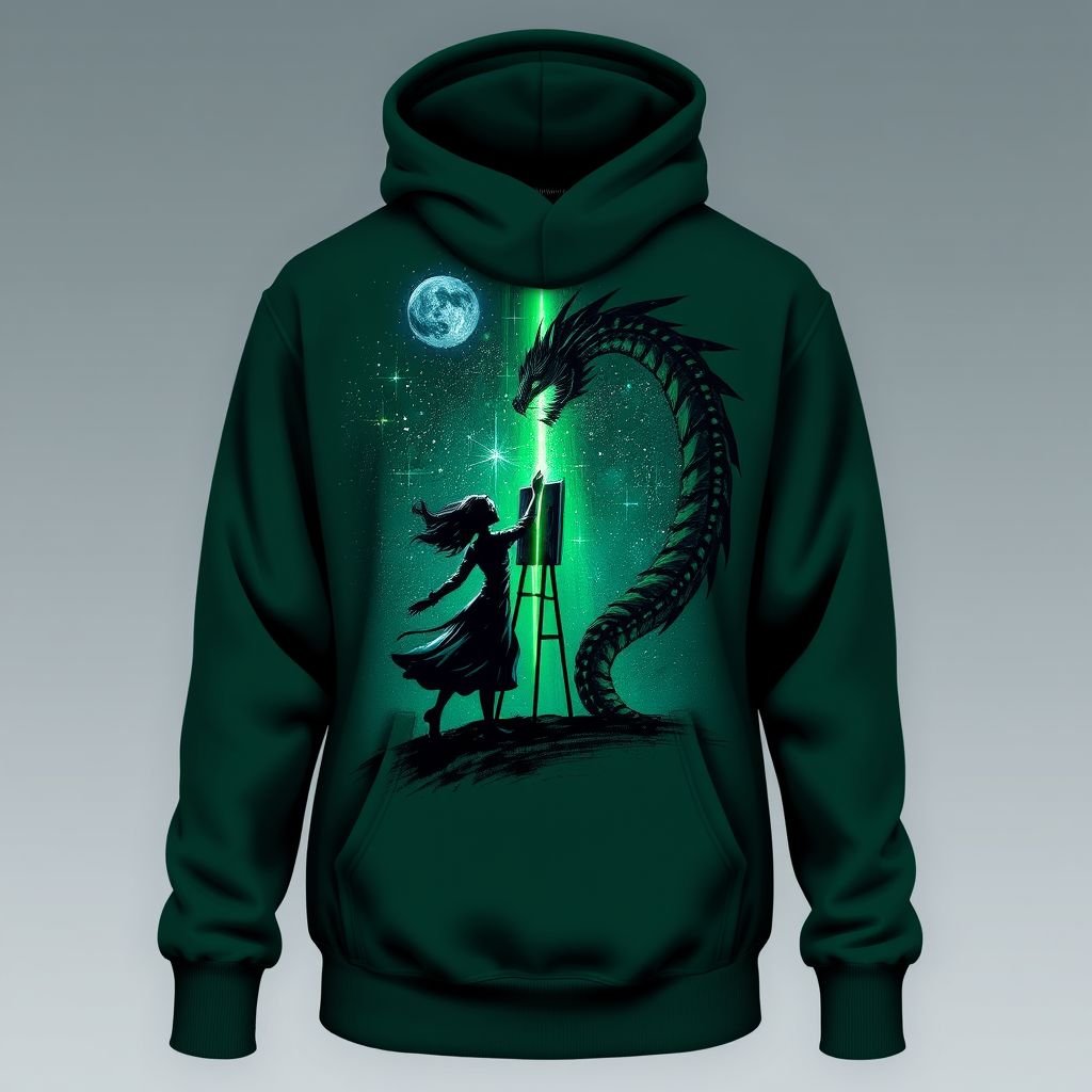 Dark emerald green hoodie wit 2 ppl painting a green beam outside at night on the hoodie wit a dark emerald green dragon to
Create an artsy fashion design featuring a dark emerald green hoodie, embellished with two abstract figures energetically painting a radiant green beam under a starry night sky. Integrate a striking dark emerald dragon, swirling elegantly around the artwork. The design should evoke a sense of mystique and creativity, perfect for artistic souls.