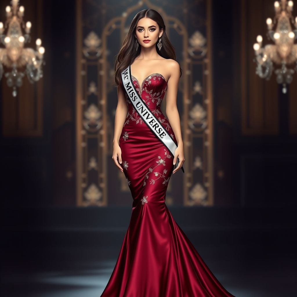 Miss universe evening gown, corsets, sweetheart neckline, deep burgundy, mermaid silhouette, satin or shimmering
Design a luxurious Miss Universe evening gown featuring a stunning sweetheart neckline and intricate corsetry that highlights the waist. Crafted from rich, deep burgundy satin, it flows into an elegant mermaid silhouette adorned with shimmering accents that catch the light. Embellish with delicate crystal appliqués for an opulent, show-stopping effect.