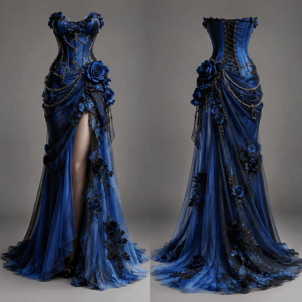 Half split blue bodycon prom dress with blue roses no shoulders
photorealistic fashion design, Half split blue bodycon prom dress with blue roses no shoulders , punk style, just the design no text, show front and back