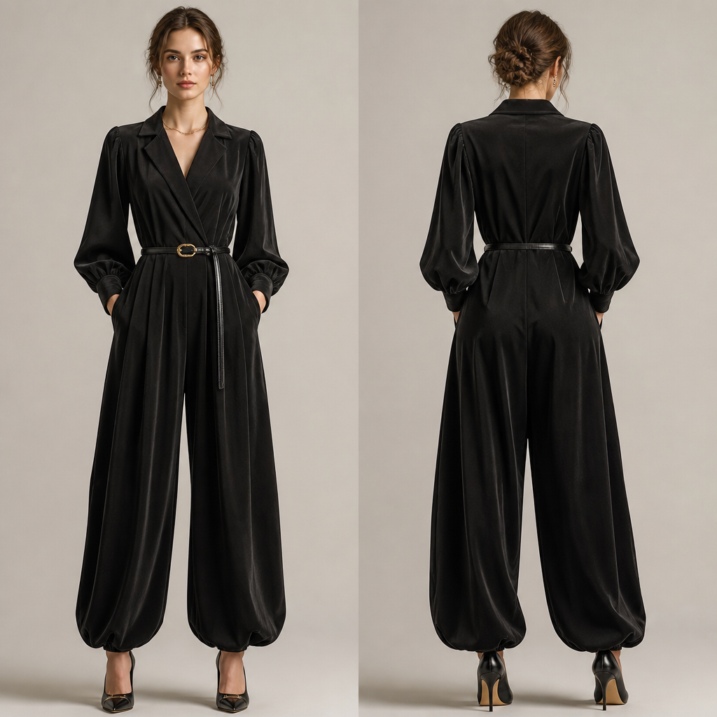 photorealistic fashion design, A Female Jumpsuit design, made of Velvet, for Casual, suitable for Spring, in Classic + Light Academia + Italian style. Ukraine fashion aesthetics., classic style, just the design no text, show front and back. Refinement: зделай брюки пышнее, и руки чучуть тоже пышнее, и етот ремень не подходит что то другое и каблуки добавить к этому и цвет чучуть чорный, и ткань другую
photorealistic fashion design, photorealistic fashion design, A Female Jumpsuit design, made of Velvet, for Casual, suitable for Spring, in Classic + Light Academia + Italian style. Ukraine fashion aesthetics., classic style, just the design no text, show front and back. Refinement: зделай брюки пышнее, и руки чучуть тоже пышнее, и етот ремень не подходит что то другое и каблуки добавить к этому и цвет чучуть чорный, и ткань другую, just the design no text