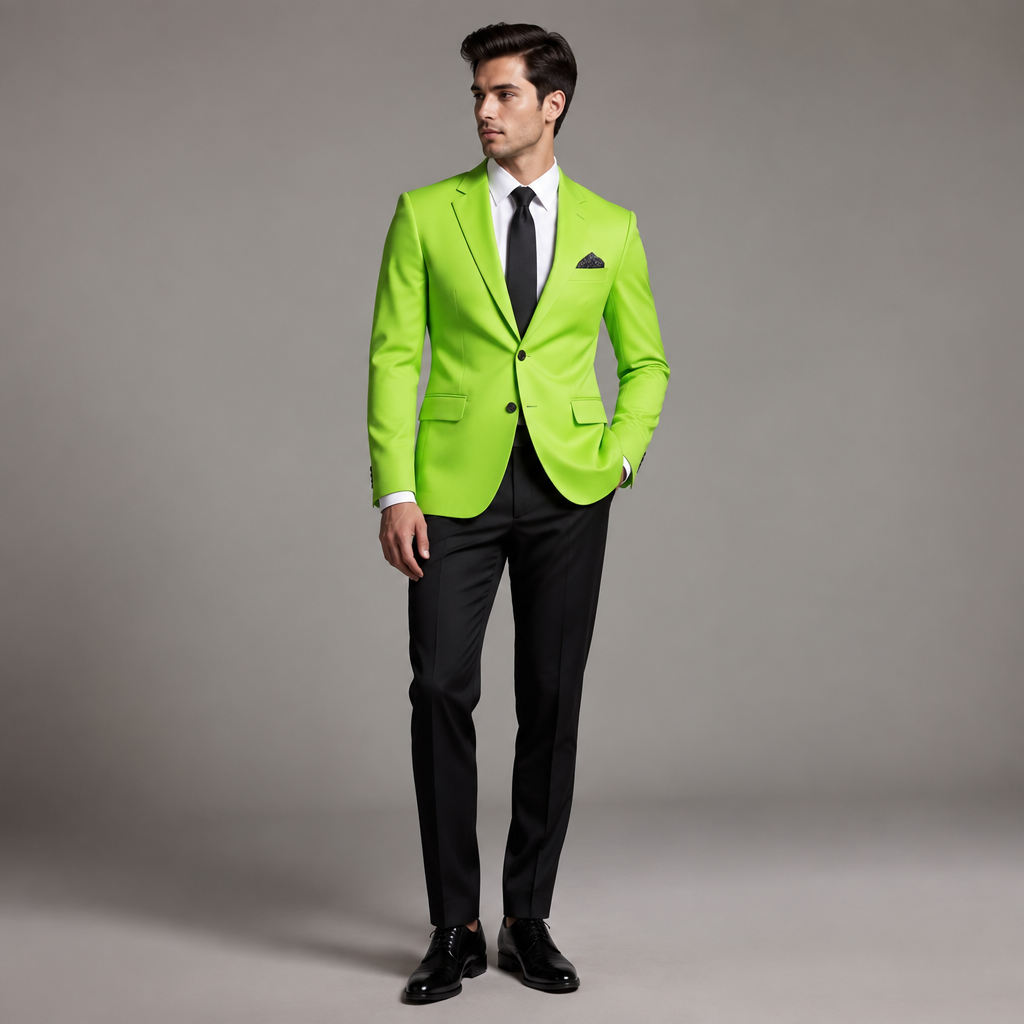 A Male Jacket design, suitable for Fall, in Formal style. a neon green blazer Present it as professional fashion catalogue photography: the garment is the subject, shown full-length with editorial styling, neutral posing and tasteful, non-suggestive framing.
photorealistic fashion design, A Male Jacket design, suitable for Fall, in Formal style. a neon green blazer Present it as professional fashion catalogue photography: the garment is the subject, shown full-length with editorial styling, neutral posing and tasteful, non-suggestive framing., formal style, just the design no text