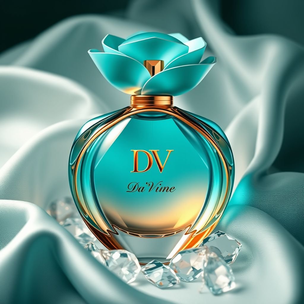 Turquoise perfume with the name “Da’Vine” on it. With DV on it. Shape the bottle as a flower
Design a luxurious perfume bottle titled “Da’Vine,” featuring an exquisite turquoise hue. The bottle should be elegantly shaped like a blooming flower, embodying opulence with delicate gold accents. Embellish it with the initials “DV” in a sophisticated font, reflecting elegance and refinement. Surround the bottle with subtle hints of silk and crystal textures.