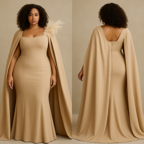 Beige dress with big cape. With a feather 
Make it realistic, make it curvy with curly hair