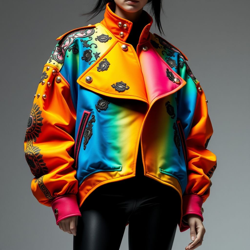 Jaket
"Reimagine the classic jacket by combining elements of streetwear and high fashion. Picture an oversized, asymmetrical silhouette adorned with intricate embroidery and metallic studs. Incorporate vibrant, gradient fabrics that shift colors in different lights. Add detachable sleeves and a high collar for versatility, creating a bold statement piece that defies convention."