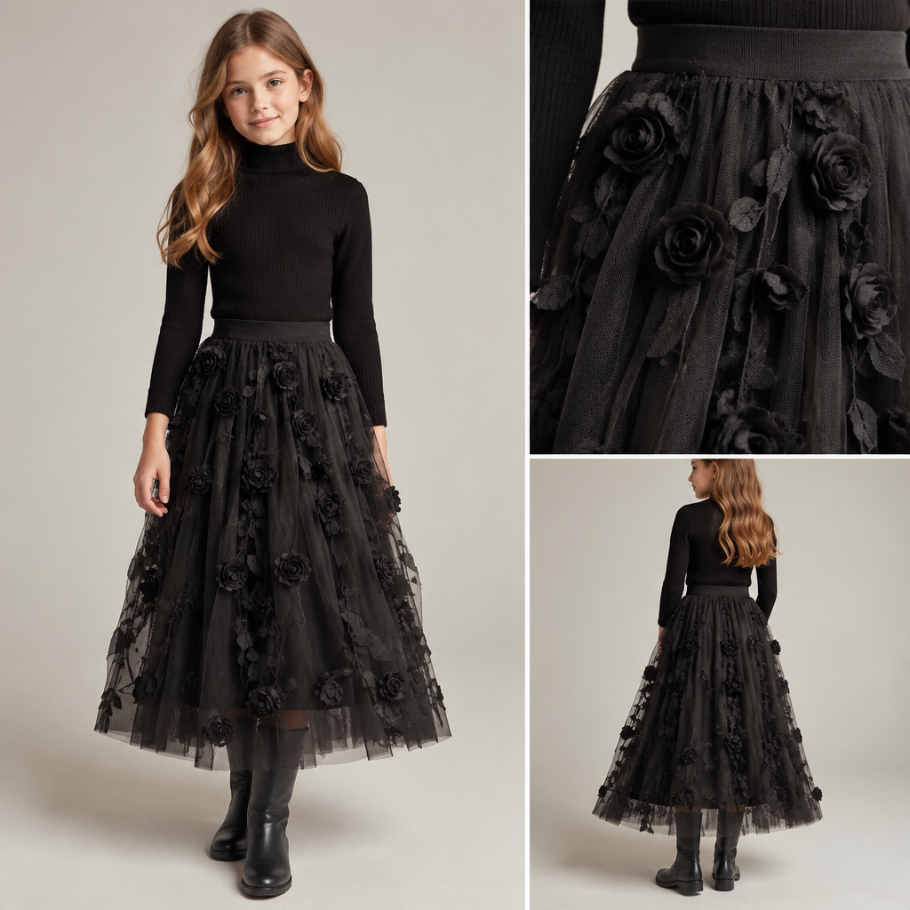 photorealistic fashion design, photorealistic fashion design, A Female Skirt design, made of Silk, with a light, flowing drape, with a Relaxed silhouette, with modest, full coverage: longer hemlines, higher necklines and covered shoulders, in a Monochrome color palette, for Casual, suitable for Winter, suited to a Humid climate, in Elegant style, shown on a model with light skin and a slim figure. siyah bir tülden oluşacak kabarık olmayacak Present it as professional fashion catalogue photography: the garment is the subject, shown full-length with editorial styling, neutral posing and tasteful, non-suggestive framing., elegant style, just the design no text. Refinement: çocuğun giyebileceğin şekil olsun 10 yaş çocuğun mesela Biraz daha tülünün üstünde böyle güller falan filan öyle olsun, just the design no text. Refinement: Bu bir elbise olmasın
photorealistic fashion design, photorealistic fashion design, photorealistic fashion design, A Female Skirt design, made of Silk, with a light, flowing drape, with a Relaxed silhouette, with modest, full coverage: longer hemlines, higher necklines and covered shoulders, in a Monochrome color palette, for Casual, suitable for Winter, suited to a Humid climate, in Elegant style, shown on a model with light skin and a slim figure. siyah bir tülden oluşacak kabarık olmayacak Present it as professional fashion catalogue photography: the garment is the subject, shown full-length with editorial styling, neutral posing and tasteful, non-suggestive framing., elegant style, just the design no text. Refinement: çocuğun giyebileceğin şekil olsun 10 yaş çocuğun mesela Biraz daha tülünün üstünde böyle güller falan filan öyle olsun, just the design no text. Refinement: Bu bir elbise olmasın, just the design no text