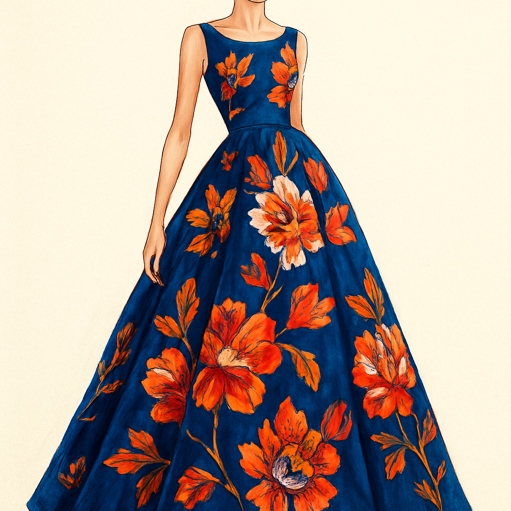 A long blue dress, with dramatic floral patterns.
A long blue dress, with dramatic floral patterns.