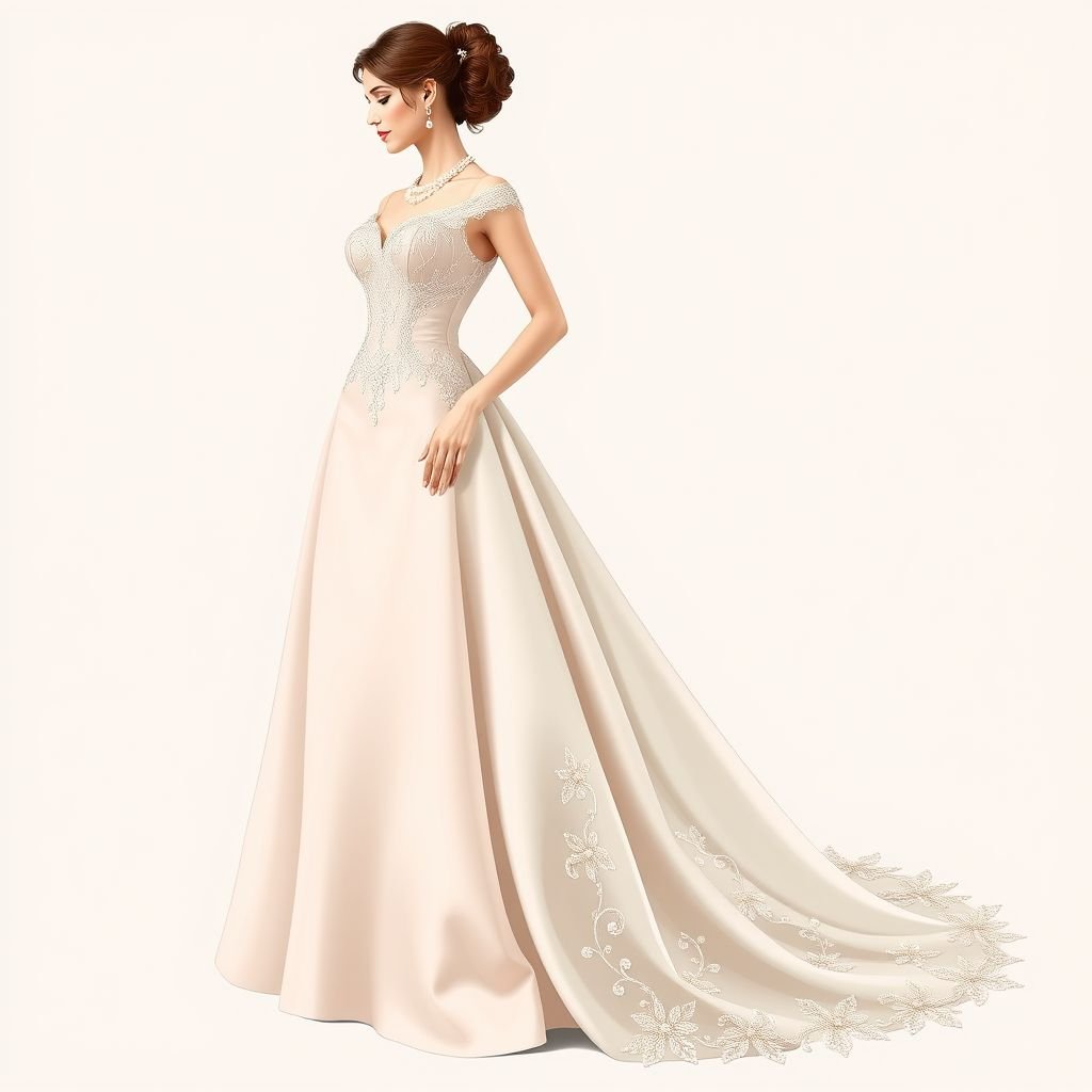 Dress
Design an elegant, floor-length gown inspired by classic fashion, featuring a fitted bodice with delicate lace accents and a sweeping A-line skirt. Incorporate timeless elements such as a sweetheart neckline, satin fabric in soft pastels, and vintage pearl embellishments. Finish with an intricate, cascading train for a regal, sophisticated touch.