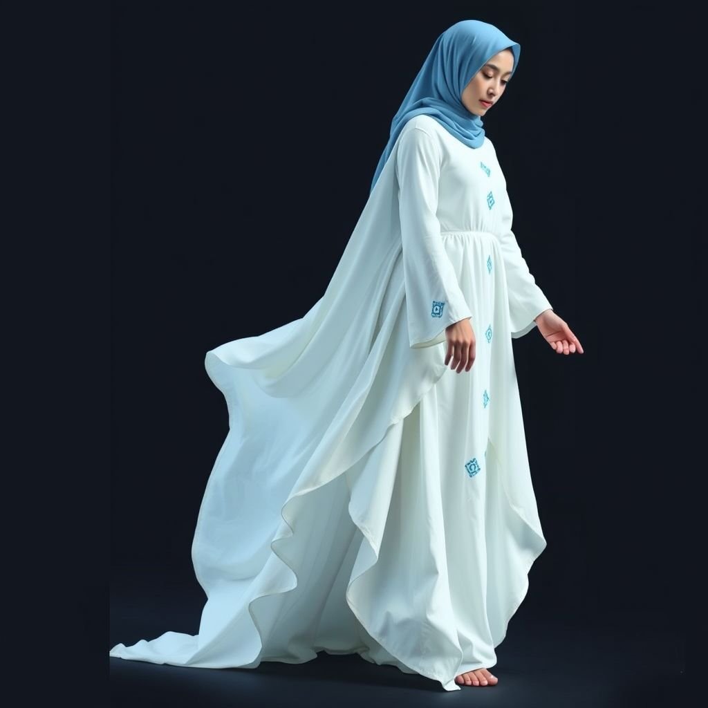 A minimal and modern islamic white and blue dress for wonen performance
Envision a minimalistic yet modern Islamic dress, combining crisp white linen with vibrant azure accents. The gown features flowing, layered silhouettes that gracefully drape, adorned with subtle geometric patterns. Elegant long sleeves and an asymmetrical hemline enhance mobility for performance. A soft blue hijab completes the look, embodying elegance and sophistication.