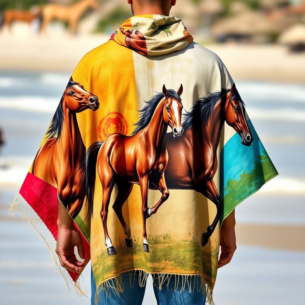 Patch work summer man poncho which is handpainted of horse
Design a vibrant summer poncho for men, crafted from lightweight, breathable fabric. Its standout feature is a unique patchwork design, showcasing hand-painted equine motifs depicting majestic horses in various poses. The poncho drapes loosely over the body, ideal for beach outings. Incorporate earthy tones and bold colors, enhancing the artistic flair.