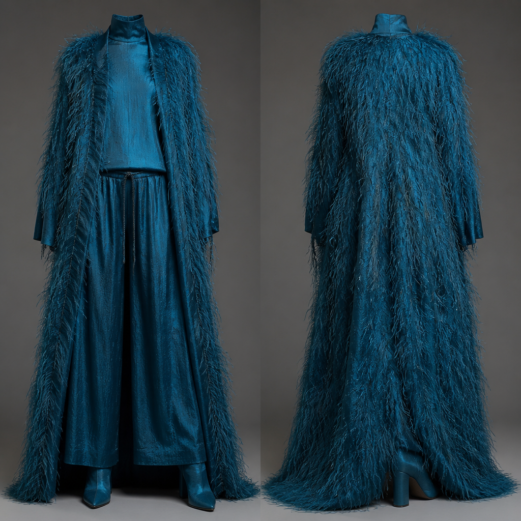 No model just outfit , long raw silk teal blue coat no collar cover in ostrich feather’s with matching long drawstring full pants and a matching blouse long sleeve high collar long sleeve two split on each side and the top is long hip length raw silk teal blue
Shoe boot with the heel raw silk in the same color
photorealistic fashion design, No model just outfit , long raw silk teal blue coat no collar cover in ostrich feather’s with matching long drawstring full pants and a matching blouse long sleeve high collar long sleeve two split on each side and the top is long hip length raw silk teal blue
Shoe boot with the heel raw silk in the same color, haute_couture style, just the design no text, show front and back