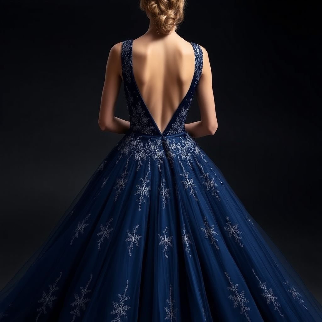 I need a ballroom dress for standard with a v neck in the front and an open back
Envision a captivating ballroom dress featuring a deep V-neck that gracefully accentuates the neckline, transitioning into an elegant open back for a touch of allure. Crafted from shimmering, midnight blue silk, cascading layers of tulle create a dramatic skirt, adorned with delicate silver embroidery, embodying a perfect blend of sophistication and movement.