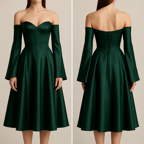 Off shoulder forest green satin dress that shows a little cleavage with a corset torso, the sleeves are long and flare out towards the ends covering the hands just a bit. The skirt part goes to the knees and is like a princess skirt although not as poofy