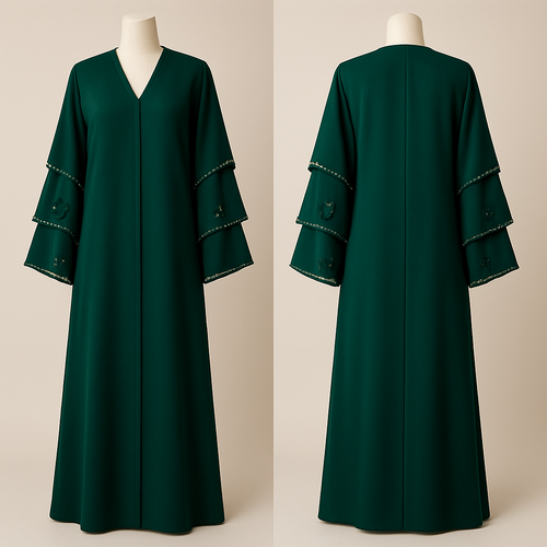 The Luxury Double-Sleeve Abaya
Tone: Deep Emerald Design: Layered double-sleeve with stone outlines and a few floral appliqués. Why it will sell: Double-sleeve designs trend every year sophisticated and instantly attractive.
