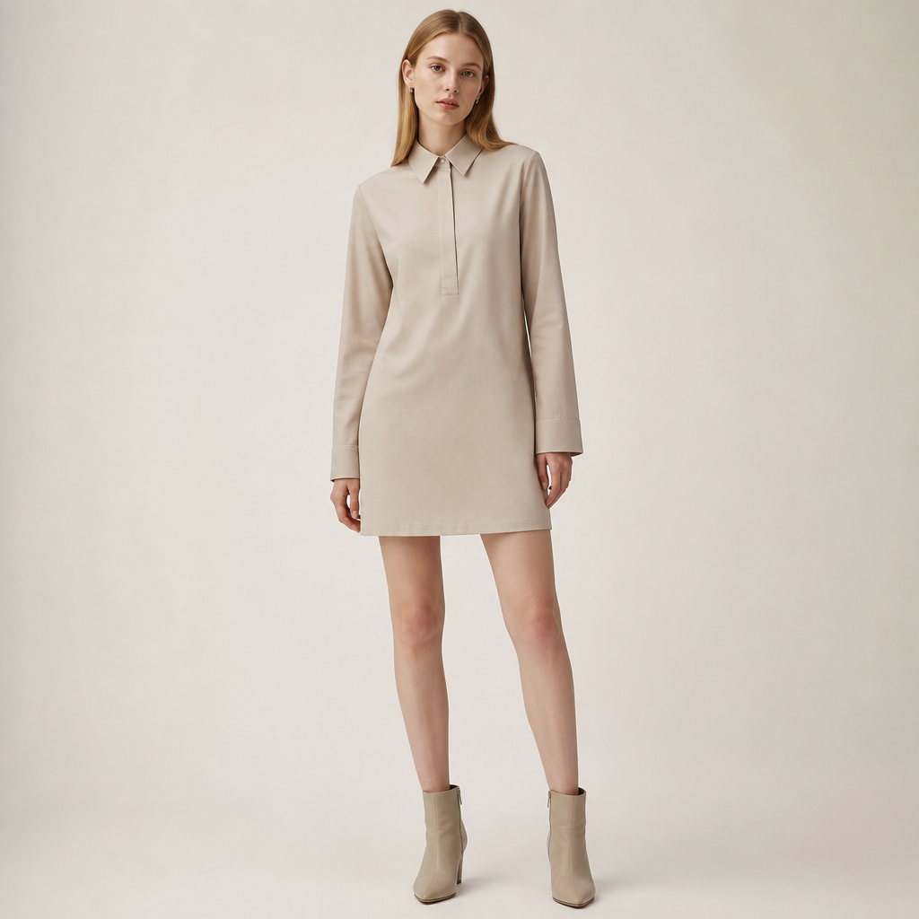 A Female Dress design, made of Cotton, with a soft, cosy hand, with a Bodycon silhouette, with modest, full coverage: longer hemlines, higher necklines and covered shoulders, in a Neutrals color palette, for Casual, suitable for Fall, suited to a Temperate climate, in Minimalist style, shown on a model with fair skin and a slim figure. Short dress-shirt with straight sleeves and cuffs. Russia fashion aesthetics. Present it as professional fashion catalogue photography: the garment is the subject, shown full-length with editorial styling, neutral posing and tasteful, non-suggestive framing.
photorealistic fashion design, A Female Dress design, made of Cotton, with a soft, cosy hand, with a Bodycon silhouette, with modest, full coverage: longer hemlines, higher necklines and covered shoulders, in a Neutrals color palette, for Casual, suitable for Fall, suited to a Temperate climate, in Minimalist style, shown on a model with fair skin and a slim figure. Short dress-shirt with straight sleeves and cuffs. Russia fashion aesthetics. Present it as professional fashion catalogue photography: the garment is the subject, shown full-length with editorial styling, neutral posing and tasteful, non-suggestive framing., minimalist style, just the design no text